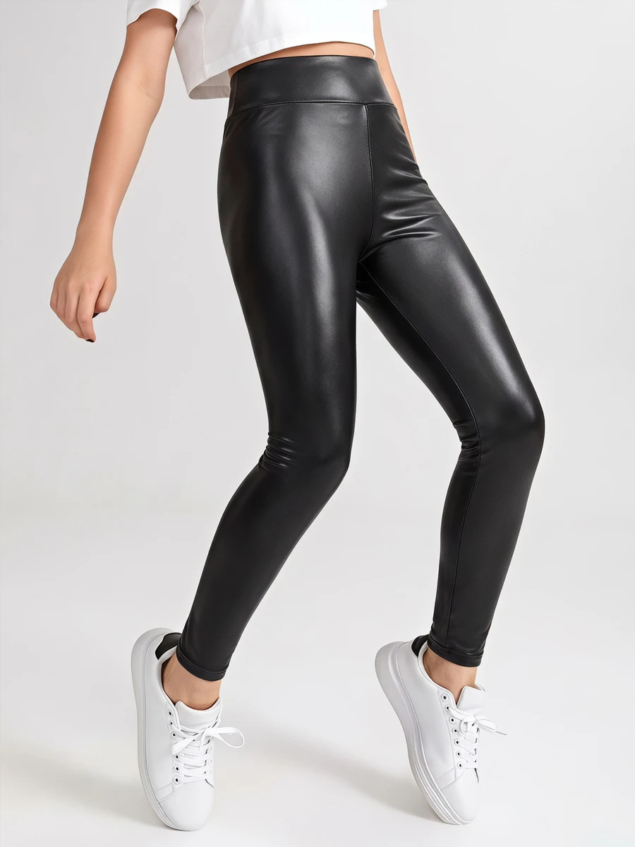 SHEIN Celana Legging Ketat Bahan PU Kasual untuk Remaja Perempuan, Cocok untuk Musim Gugur - Hitam - View 1