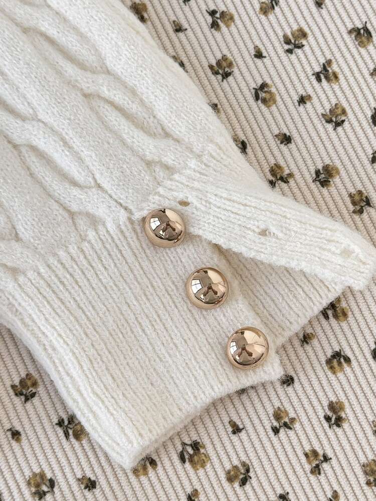 SHEIN Kids Tween Girls Autumn/Winter Casual Elegant Beige Textured Jacquard Long Sleeve Pullover Sweater With Metal Button Cuff Decor, Suitable For Autumn Outings, Back To School, Daily Wear - Yellow - View 6