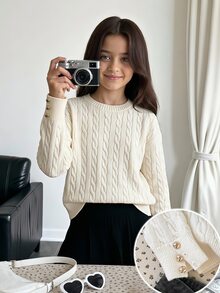 SHEIN 兒童青少年女孩秋冬休閒優雅米色紋理提花長袖套頭毛衣，金屬鈕扣袖口裝飾，適合秋季出遊、返校、日常穿著 - 黃色 - 查看 3