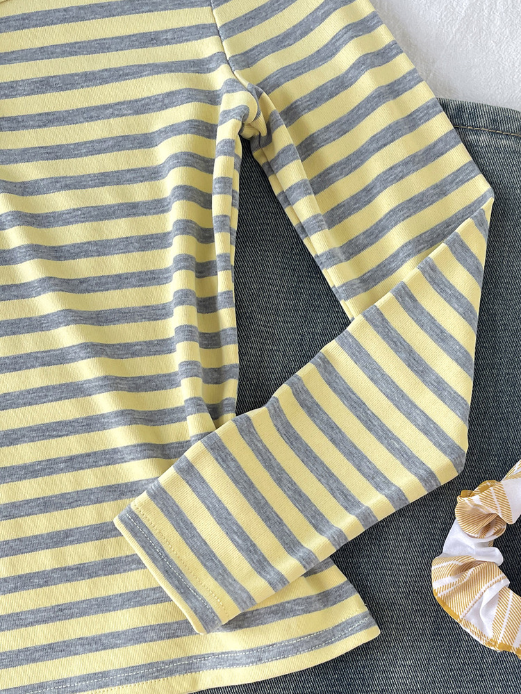 SHEIN Tween Girl Autumn/Winter Casual Minimalist Cream Dopamine Yellow Knitted Striped Half-Button Long Sleeve Slim Fit T-Shirt, Spring/Summer Style, Autumn/Winter Layering, Y2K Top - Yellow - View 6
