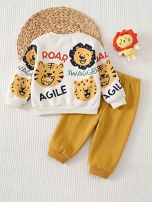 Cozy Pixies Kids Baby Boy Cute Cartoon Lion & Tiger Pattern Knit Soft Round Neck Long Sleeve Pullover Sweatshirt And Elastic Waist Long Pants 2 Pieces Set, Autumn - Multicolor - View 4
