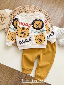Cozy Pixies Kids Baby Boy Cute Cartoon Lion & Tiger Pattern Knit Soft Round Neck Long Sleeve Pullover Sweatshirt And Elastic Waist Long Pants 2 Pieces Set, Autumn - Multicolor - View 3