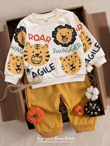 Cozy Pixies Kids Baby Boy Cute Cartoon Lion & Tiger Pattern Knit Soft Round Neck Long Sleeve Pullover Sweatshirt And Elastic Waist Long Pants 2 Pieces Set, Autumn - Multicolor - View 2