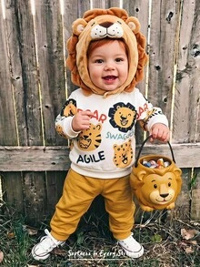 Cozy Pixies Kids Baby Boy Cute Cartoon Lion & Tiger Pattern Knit Soft Round Neck Long Sleeve Pullover Sweatshirt And Elastic Waist Long Pants 2 Pieces Set, Autumn - Multicolor - View 1