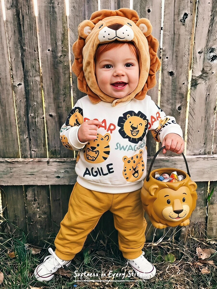 Cozy Pixies Kids Baby Boy Cute Cartoon Lion & Tiger Pattern Knit Soft Round Neck Long Sleeve Pullover Sweatshirt And Elastic Waist Long Pants 2 Pieces Set, Autumn - Multicolor - View 1