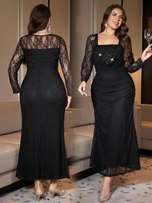 Reflora Plus Size Autumn/Winter Banquet Party Sequin Lace Patchwork Evening Dress - Black - View 8
