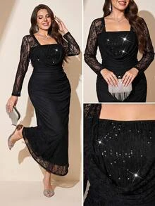 Reflora Plus Size Autumn/Winter Banquet Party Sequin Lace Patchwork Evening Dress - Black - View 7