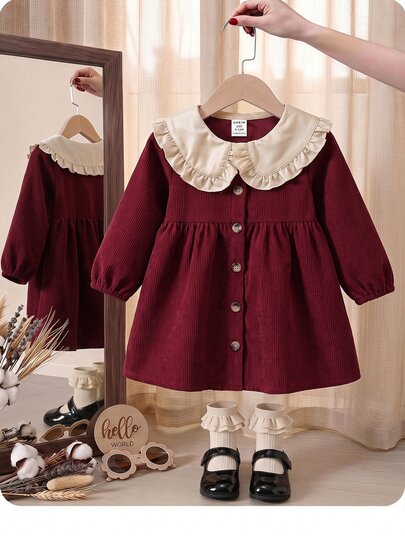 SHEIN Baby Girl Contrast Color Peter Pan Collar Front Button Dress