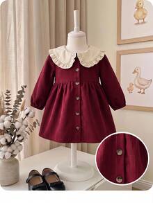 SHEIN Baby Girl Contrast Color Peter Pan Collar Front Button Dress - Red - View 3