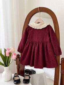 SHEIN Baby Girl Contrast Color Peter Pan Collar Front Button Dress - Red - View 2