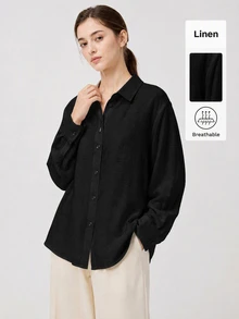 SHEIN BASICS 女款素色單排扣休閒通勤襯衫 - 黑色 - 查看 5