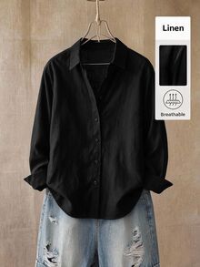 SHEIN BASICS 女款素色單排扣休閒通勤襯衫 - 黑色 - 查看 1
