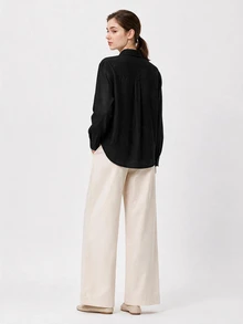 SHEIN BASICS 女款素色單排扣休閒通勤襯衫 - 黑色 - 查看 3