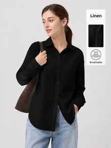 SHEIN BASICS 女款素色單排扣休閒通勤襯衫 - 黑色 - 查看 6