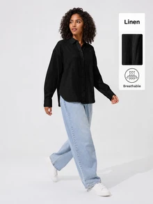 SHEIN BASICS 女款素色單排扣休閒通勤襯衫 - 黑色 - 查看 7