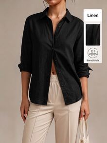 SHEIN BASICS 女款素色單排扣休閒通勤襯衫 - 黑色 - 查看 2