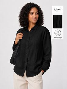 SHEIN BASICS 女款素色單排扣休閒通勤襯衫 - 黑色 - 查看 4