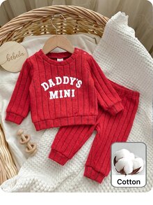 SHEIN Kids Newborn Cute Casual Knitted Letter Pattern Long Sleeve Top And Elastic Waist Long Pants Set - Red - View 5