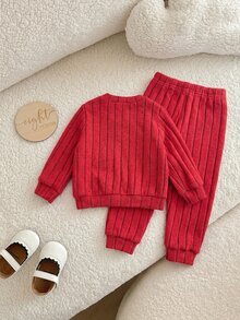 SHEIN Kids Newborn Cute Casual Knitted Letter Pattern Long Sleeve Top And Elastic Waist Long Pants Set - Red - View 2