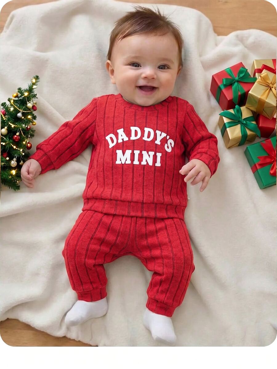 SHEIN Kids Newborn Cute Casual Knitted Letter Pattern Long Sleeve Top And Elastic Waist Long Pants Set - Red - View 1