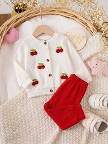 SHEIN Set Kardigan Rajut Lembut Warna Krem Putih untuk Bayi dan Anak-Anak dengan Bordir Ceri Rajutan 3D - Merah - View 5