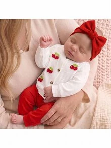 SHEIN Set Kardigan Rajut Lembut Warna Krem Putih untuk Bayi dan Anak-Anak dengan Bordir Ceri Rajutan 3D - Merah - View 4