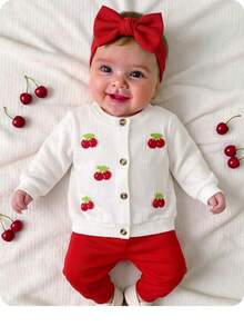 SHEIN Set Kardigan Rajut Lembut Warna Krem Putih untuk Bayi dan Anak-Anak dengan Bordir Ceri Rajutan 3D - Merah - View 1