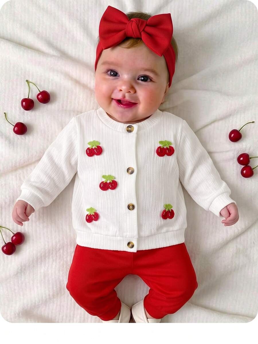 SHEIN Set Kardigan Rajut Lembut Warna Krem Putih untuk Bayi dan Anak-Anak dengan Bordir Ceri Rajutan 3D - Merah - View 1