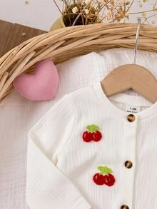 SHEIN Set Kardigan Rajut Lembut Warna Krem Putih untuk Bayi dan Anak-Anak dengan Bordir Ceri Rajutan 3D - Merah - View 6