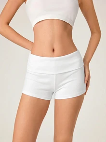 SHEIN BASICS Women's Casual Basic Modest Baggy Baggy Sporty Athleisure Solid Color Rib Knit Shorts, Summer Gym Workout White Sports Gym Gym Workout - White - View 4
