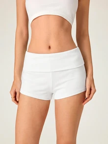 SHEIN BASICS Women's Casual Basic Modest Baggy Baggy Sporty Athleisure Solid Color Rib Knit Shorts, Summer Gym Workout White Sports Gym Gym Workout - White - View 5
