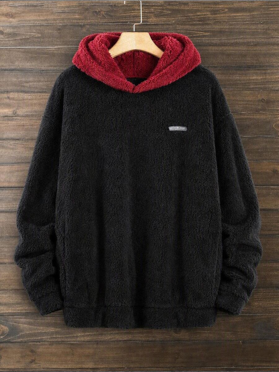 Mainfolk Men's Casual Fleece Patchwork Hooded Sweatshirt Halloween Winter Party Autumn  - Black - View 1