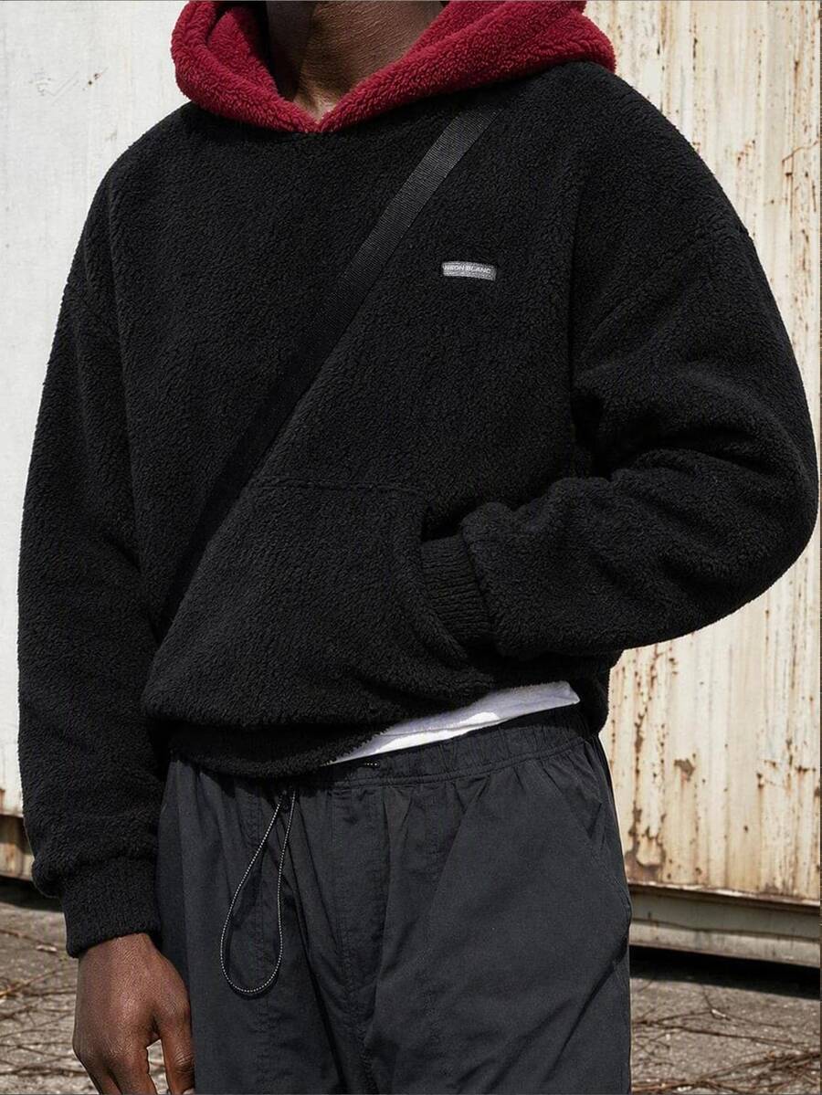 Mainfolk Men's Casual Fleece Patchwork Hooded Sweatshirt Halloween Winter Party Autumn - Black - View 1