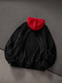 Mainfolk Men's Casual Fleece Patchwork Hooded Sweatshirt Halloween Winter Party Autumn  - Black - View 3