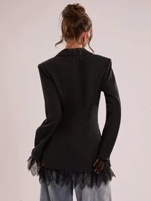 SHEIN BAE BAE Black Waisted Blazer With Lace Hem, Designer Long Sleeve Fitted Suit Jacket For Office Cocktail Wedding Guest Fall,Blazer With Lace Hem - Black - View 2