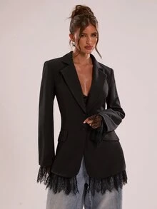 SHEIN BAE BAE Black Waisted Blazer With Lace Hem, Designer Long Sleeve Fitted Suit Jacket For Office Cocktail Wedding Guest Fall,Blazer With Lace Hem - Black - View 1