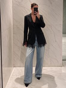 SHEIN BAE BAE Black Waisted Blazer With Lace Hem, Designer Long Sleeve Fitted Suit Jacket For Office Cocktail Wedding Guest Fall,Blazer With Lace Hem - Black - View 4