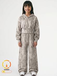 SHEIN 女童白色花卉灰色收腰刷毛抓絨運動衫寬鬆長褲休閒運動酷女孩兩件套秋冬套裝 - 棕色 - 查看 3