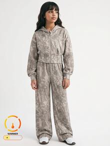 SHEIN 女童白色花卉灰色收腰刷毛抓絨運動衫寬鬆長褲休閒運動酷女孩兩件套秋冬套裝 - 棕色 - 查看 2