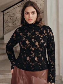 Anewsta Women's Fall/Winter Elegant Black Hollow Lace Long Sleeve Top, Plus Size Ruffle Collar Fitted Base Layer For Date Night Formal Party Going Out - Black - View 5