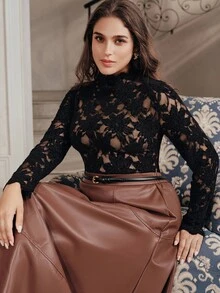Anewsta Women's Fall/Winter Elegant Black Hollow Lace Long Sleeve Top, Plus Size Ruffle Collar Fitted Base Layer For Date Night Formal Party Going Out - Black - View 2