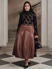 Anewsta Women's Fall/Winter Elegant Black Hollow Lace Long Sleeve Top, Plus Size Ruffle Collar Fitted Base Layer For Date Night Formal Party Going Out - Black - View 3