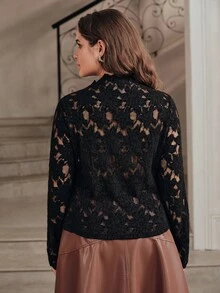 Anewsta Women's Fall/Winter Elegant Black Hollow Lace Long Sleeve Top, Plus Size Ruffle Collar Fitted Base Layer For Date Night Formal Party Going Out - Black - View 7