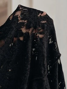 Anewsta Women's Fall/Winter Elegant Black Hollow Lace Long Sleeve Top, Plus Size Ruffle Collar Fitted Base Layer For Date Night Formal Party Going Out - Black - View 8