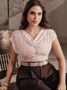 Anewsta Spring/Summer Pink Polka Dot Lace Ruffle Neck Soft Minimalist Sexy Style Plus Size Women's T-Shirt Top - Pink - View 2
