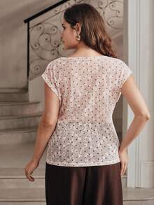 Anewsta Spring/Summer Pink Polka Dot Lace Ruffle Neck Soft Minimalist Sexy Style Plus Size Women's T-Shirt Top - Pink - View 7