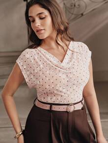 Anewsta Spring/Summer Pink Polka Dot Lace Ruffle Neck Soft Minimalist Sexy Style Plus Size Women's T-Shirt Top - Pink - View 6