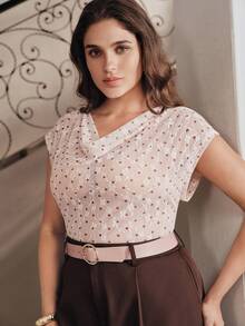 Anewsta Spring/Summer Pink Polka Dot Lace Ruffle Neck Soft Minimalist Sexy Style Plus Size Women's T-Shirt Top - Pink - View 4