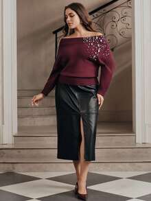 Anewsta Women's Fall/Winter Elegant Rose Gold Cold Shoulder Knit Sweater, Plus Size Hand-Beaded Pullover For Formal Night Out Party Going Out - Burgundy - View 5