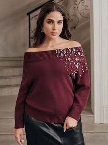 Anewsta Women's Fall/Winter Elegant Rose Gold Cold Shoulder Knit Sweater, Plus Size Hand-Beaded Pullover For Formal Night Out Party Going Out - Burgundy - View 3